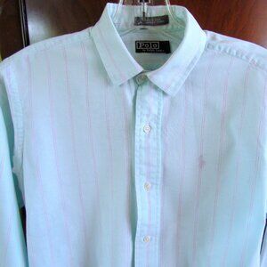 TEEN BOY'S SHIRT, 18, POLO PONY RALPH LAUREN AQUA STRIPE COTTON LONG SLEEVE